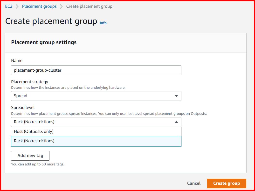 Picture showing the create placement group screen with placement strategy as spread